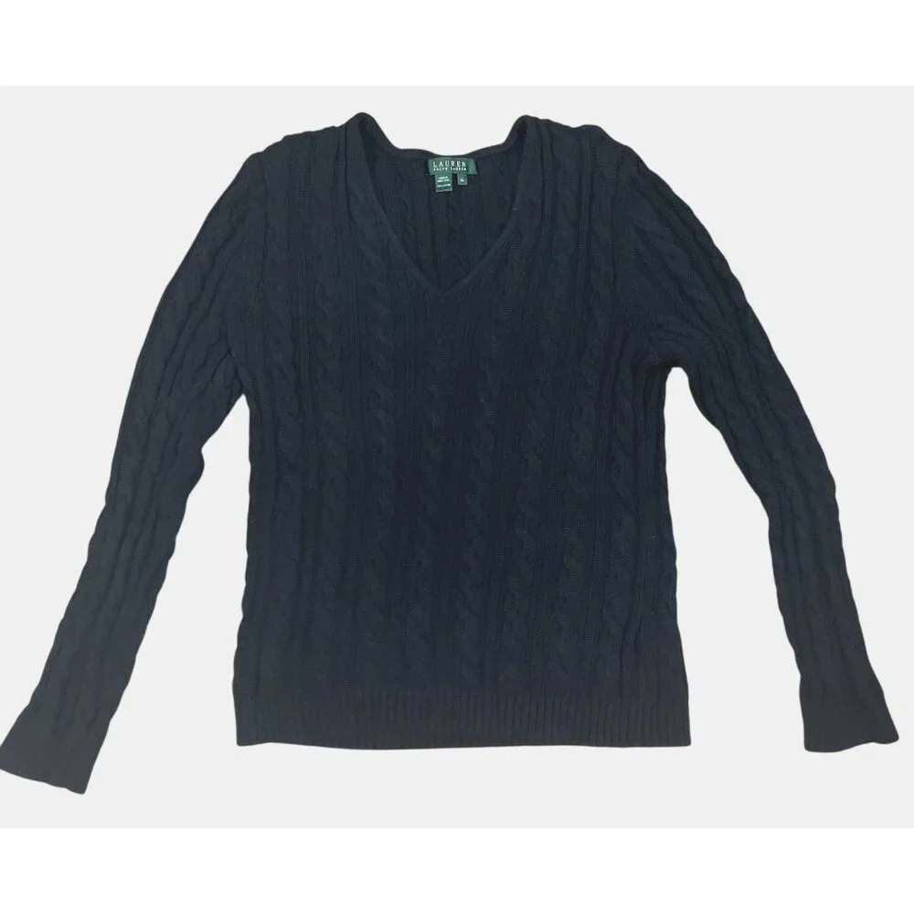 Lauren Ralph Lauren Womens Black Cable Knit V-Neck Sweater XL Comfort Warm Style